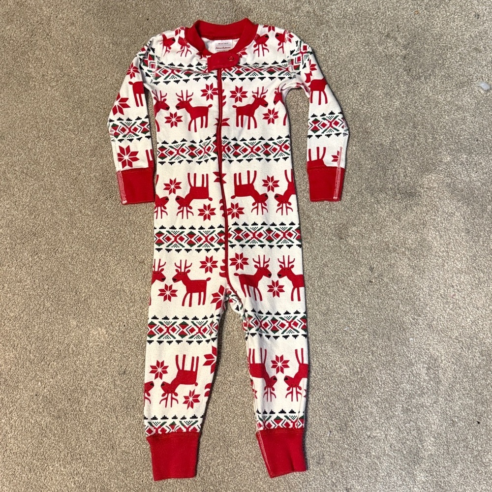 Hanna Andersson Christmas Reindeer Print Full Zip Open Footie Pajamas Size 2T